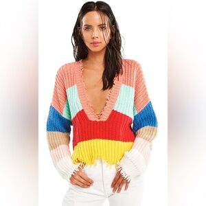 REVERSIBLE Wildfox Distressed Palmetto Andros Stripe Multicolor Knit Sweater